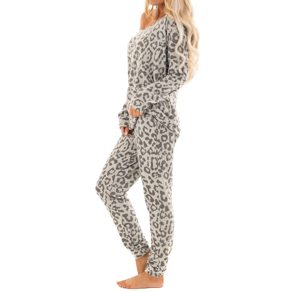 2Pcs Pyjamas Women Tracksuit Leopard Print Pants Sets Leisure Wear Lounge Wear Suit Winter Night Suit Woman Clothes pijama mujer