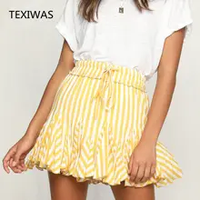 Texiwas Новая летняя юбка Для женщин Высокая Талия трапециевидной формы для маленьких девочек с кружевами и полосками на шнуровке юбка-пачка с рюшами плиссированная мини-юбка для девочек; на каждый день короткая юбка вечерние Клубные