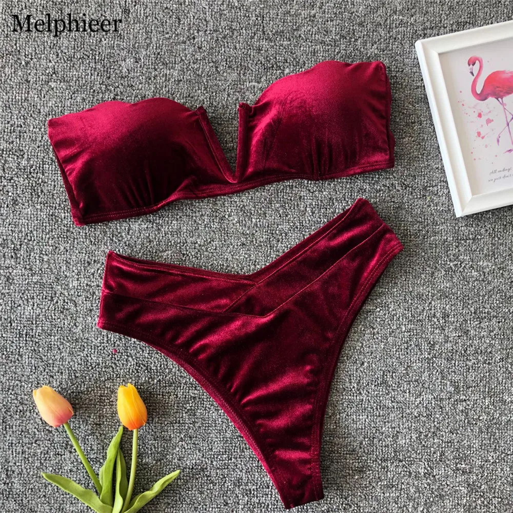 

2019 Girls Wine red Strapless Bikini Underwired High Waist Push Up Swimsuit Summer Solid Swimwear Biquini Beachwear Bathing Suit