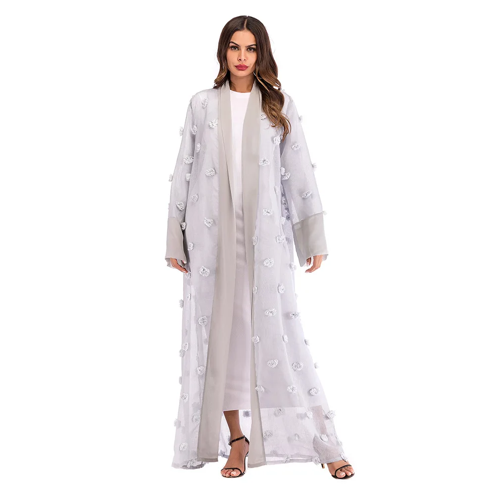 

Muslim three-dimensional floral net loose lace long sleeve cardigan windbreaker under the order to send scarf