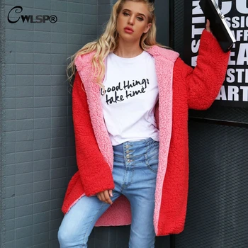 

CWLSP Winter Teddy Coat Women Loose Cardigan Long Outwear Women Hooded Faxu Fur Jacket Lambswool Coats abrigos mujer QL4213