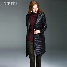 OIBEE черный для похудения с карманом однобортный длинный белый пуховик на утином пуху