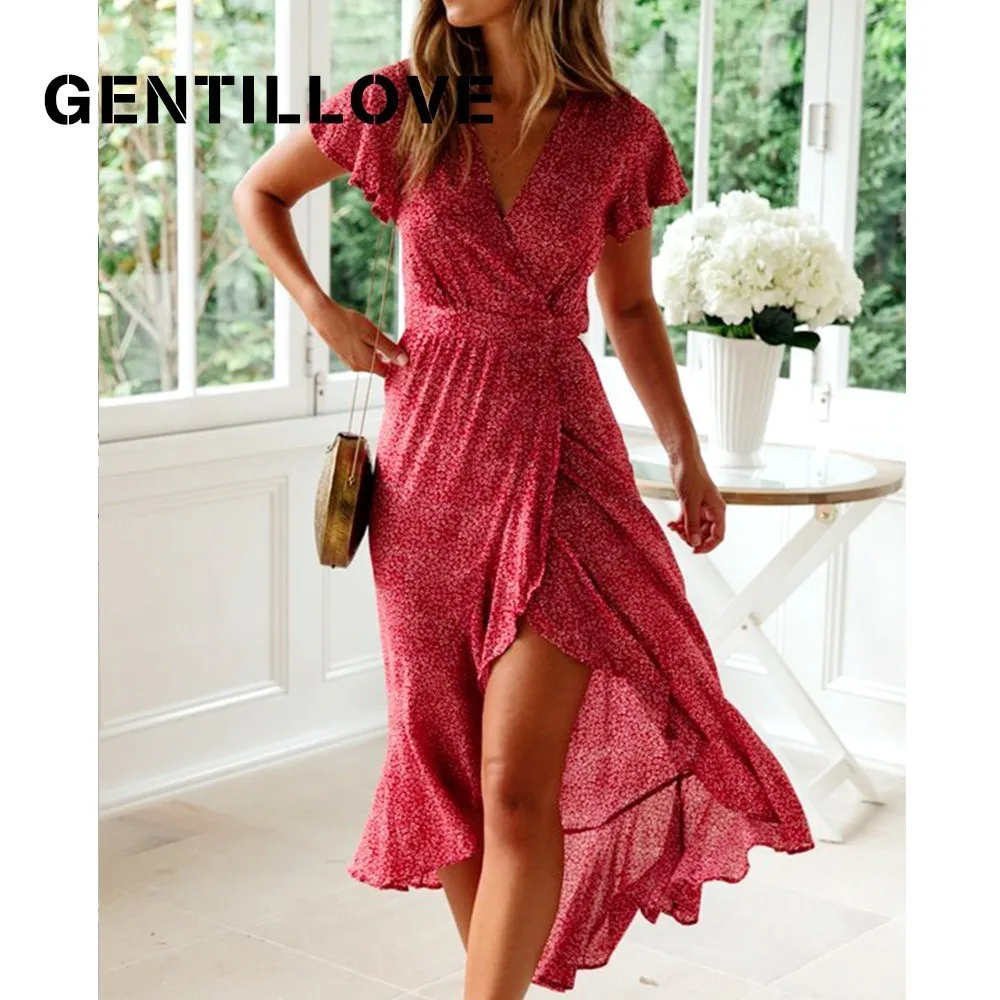 

Gentillove Boho Long Dress for Women Summer Short Sleeve V Neck Floral Print Ruffle Midi Dress Female Elegant Party Beach Dress