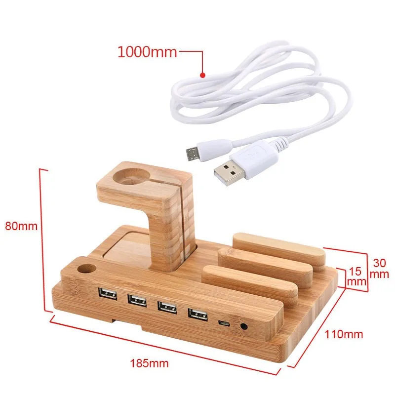 Натуральный деревянный Настольный USB 4 Порты и разъёмы концентратор Зарядное устройство станция для подключения док-станции для Apple Watch, версии Pad смартфон нескольких устройств