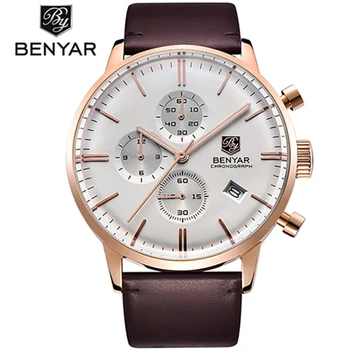 

BENYAR Fashion Luxury Brand Men's Leather Watch Business Quartz Watch Stainless Steel Case Waterproof Watches erkek kol/BY-2720K