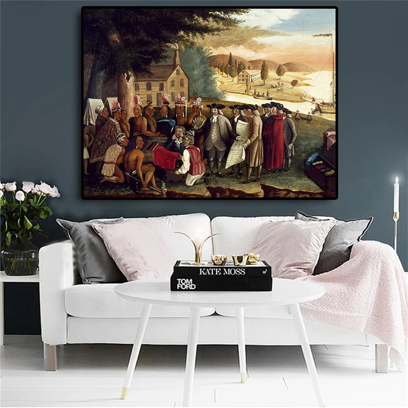 

Native Indian with Penns Treaty Oil Painting on Canvas Posters and Prints Scandinavian Wall Picture for Living Room