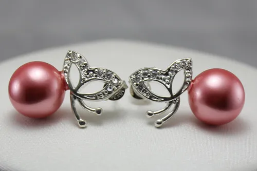 

wholesale fashion jewelry Elegant rose red 8mm shell pearl with butterfly silver plated Earring #206