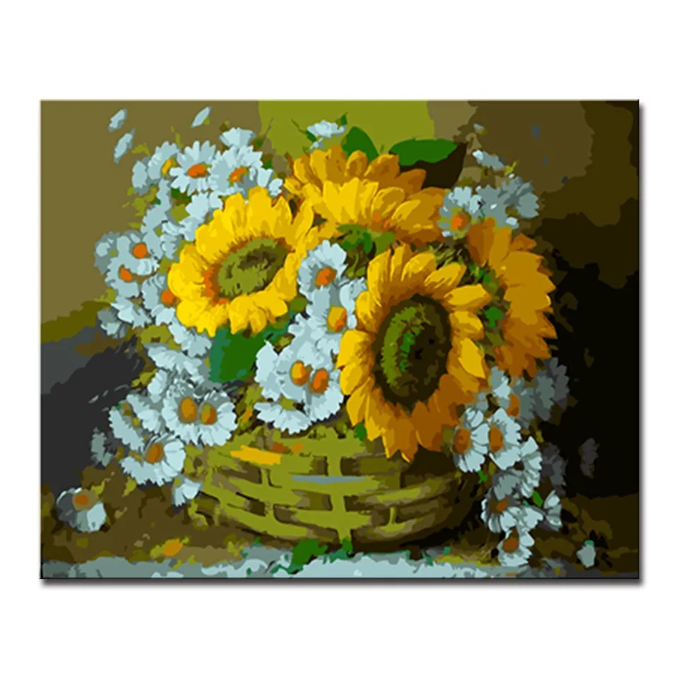 

Oil Painting By Numbers DIY Digit Kits HandPainted Sunflower White Daisies Flowers Pictures On Canvas Home Decor Wall Art Framed