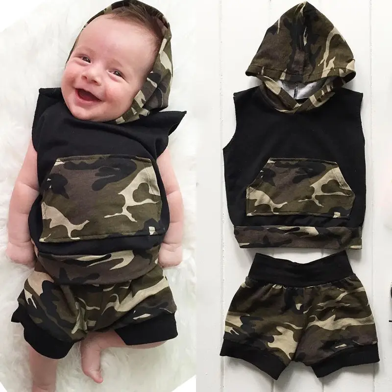 Newborn Infant Baby Boy Girl Clothes Cool Design Camouflage Hooded Vest Top T shirt Pants 2pcs Outfits Toddler Kids Clothing Set newborn toddler christmas clothing set infant kid baby boy clothes t shirt top pants outfits set 0 18m