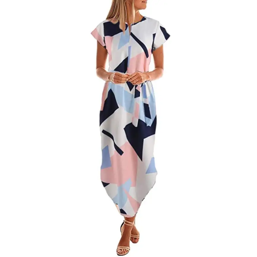 MIARHB Новое модное женское повседневное богемное Платье макси с коротким рукавом и v-образным вырезом с принтом и поясом N4 - Цвет: Blue