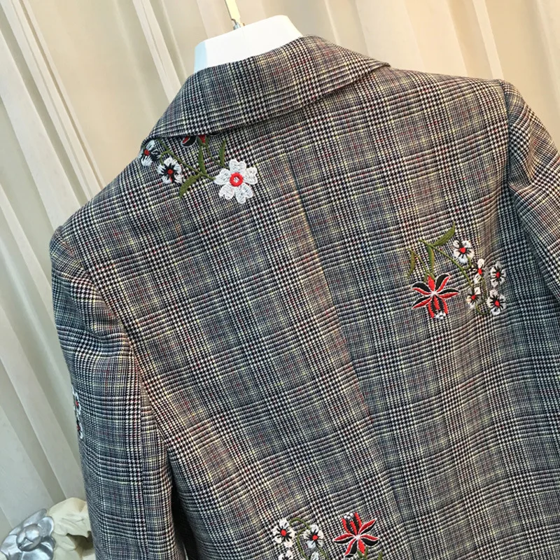 Модный женский Блейзер, профессиональный темперамент, простой клетчатый пиджак, винтажный, с вышивкой, рабочий стиль, пиджак размера плюс, 5XL