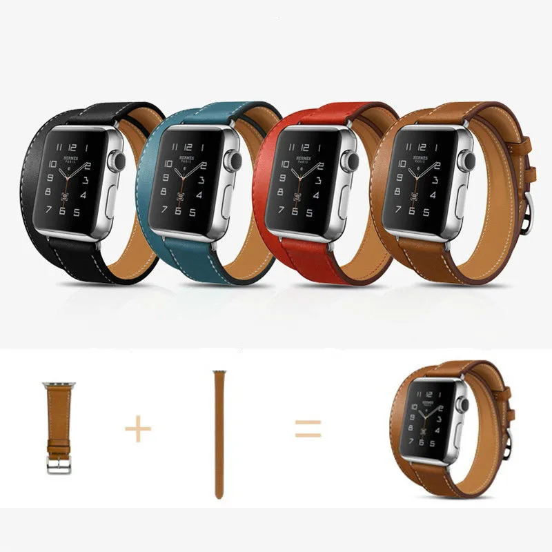 Luxury Long Genuine Leather Band Double Tour Bracelet Leather Strap Watchband for Apple Watch 38mm 42mm