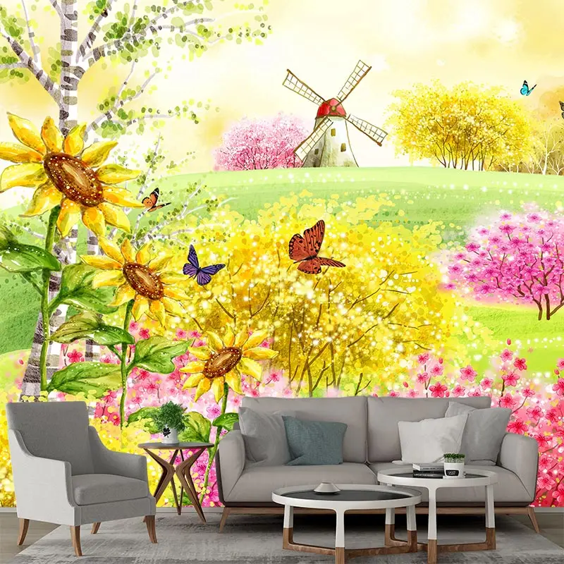 

JiaSheMeiJu 3d Wallpaper Custom Large Mural Photo Wallpaper Park Sunflower Flower Windmill Hand Painted Picture Wall Coverings