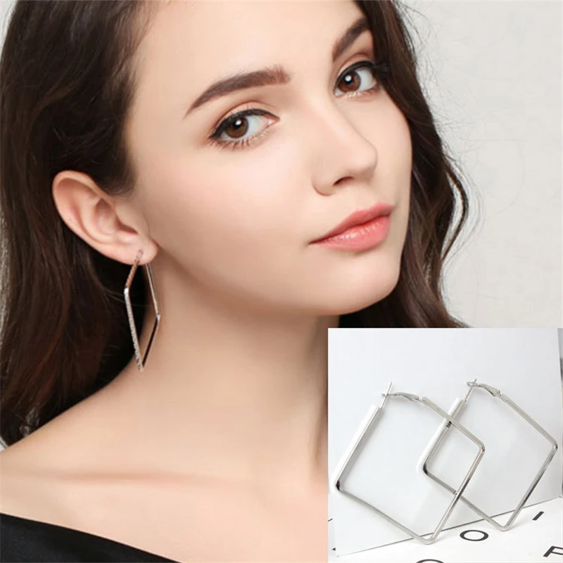 

Big Square Star Heart Hoop Earrings For Women Brincos Rose Gold Silver Color Statement Jewelry Hexagon Circle Geometric Earring