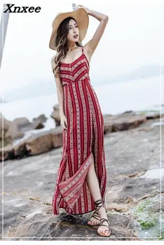

2018 Summer Maxi Dress Backless Boho Chic Women Beach Dress Burgundy Spaghetti Bandage Holiday Sexy Split Slim Dresses Clothing