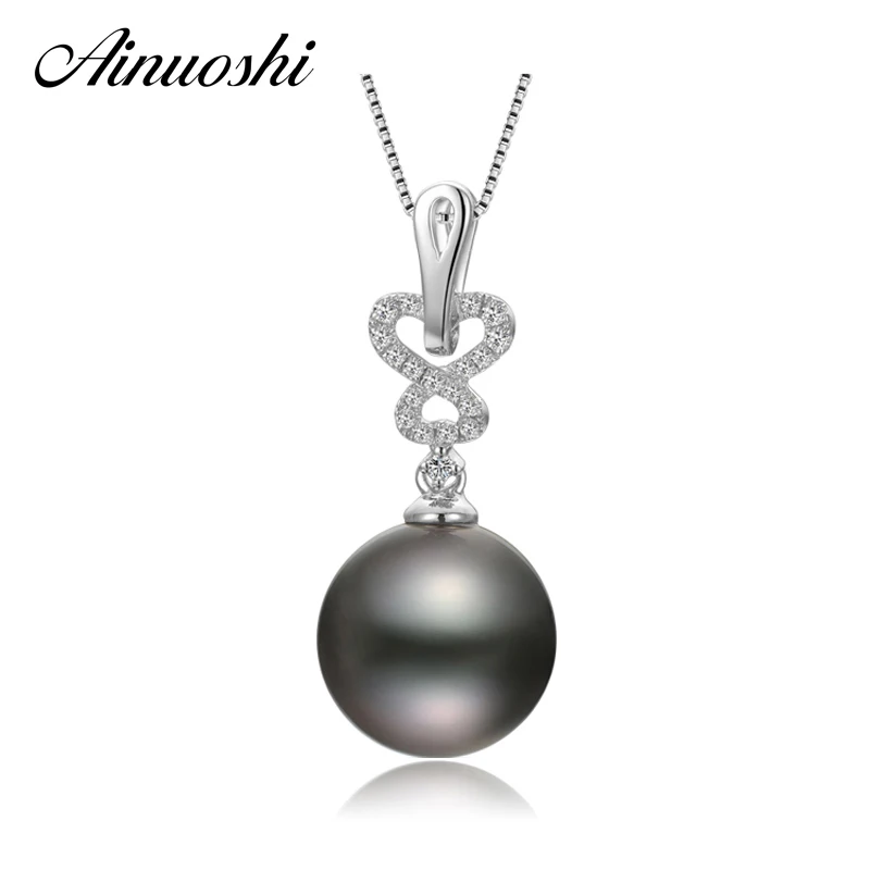 

AINUOSHI Natural Tahitian Black Pearl 11mm Round Pearl Necklace Pendant 925 Sterling Silver Number Eight Shaped Women Pendants