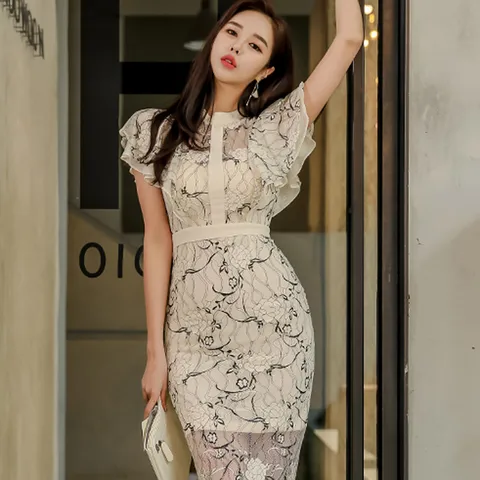 Korean Style Lace Pencil Dress Women Butterfly Sleeve Sheath Dresses Elegant Patchwork Hip Package Vestidos femme 2021