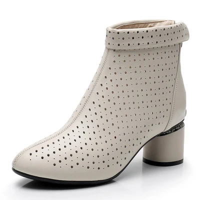 GKTINOO/ботильоны; обувь на молнии с вырезами; модная женская обувь на высоком каблуке с круглым носком; Летняя обувь из натуральной кожи - Цвет: Бежевый