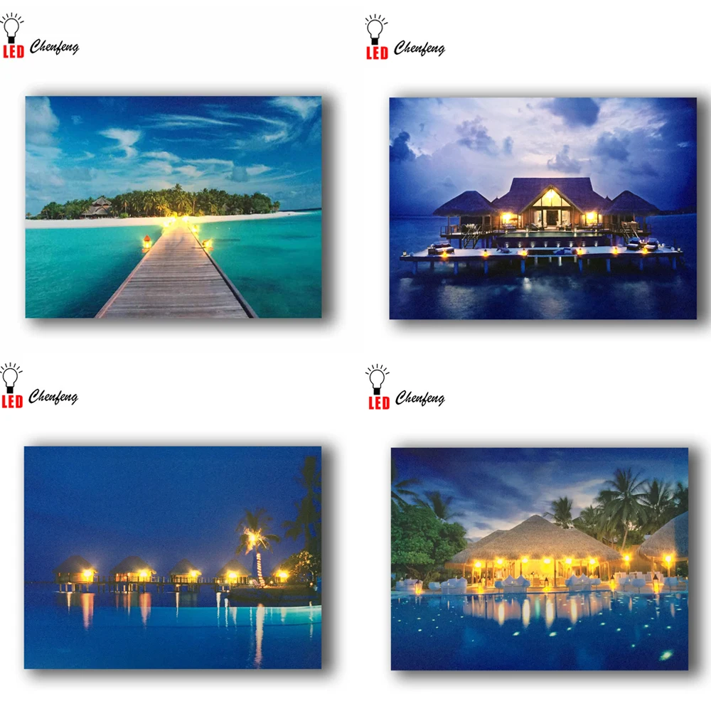 

Led Canvas painting Maldives holiday resort with cottage seascape picture wall art decor poster and print light up big size