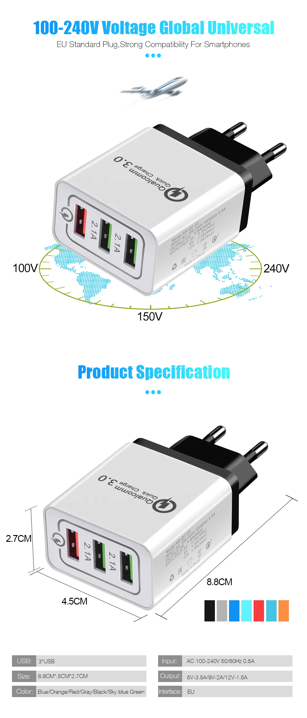 3 порта USB быстрое зарядное устройство телефон быстрое зарядное устройство 3,0 5 V/3A ЕС вилка настенное зарядное устройство для samsung 3 в 1 кабель для iphone