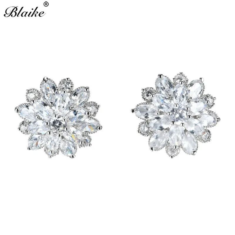 

Blaike Real 925 Sterling Silver Stud Earrings For Women White/Pink Multicolors Zircon Stone Sunflake Jewelry Birthstone Earring