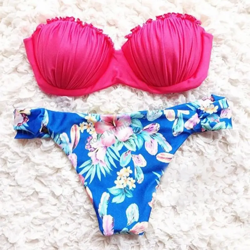 

2016 NEW lace bikini print bottom bikini mesh bikini set sexy contrast color ruffle bathing suit  triangle swimwear sweet bikini