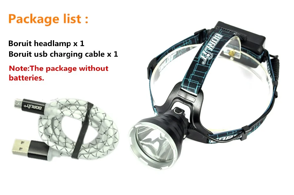 Boruit Rechargeable head lamp high power led flashlights forehead headlamps for hunting headlamp 18650 with USB charger cable (7)