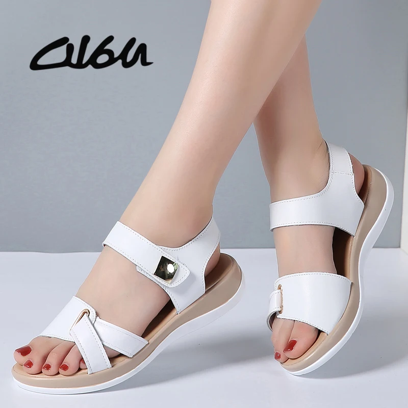 O16U 2018 sandalias de mujer, zapatos de verano de cuero genuino, sandalias de taco plano, correa cruzada de de gladiador para mujer|Sandalias de mujer| - AliExpress