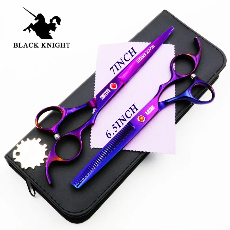 Tesoura de Cabelo Preto para Cortar Polegadas + Desbaste Polegadas para Cabeleireiro Roxa para Animais de Estimação Cavaleiro Cabelo Profissional 7 6.5