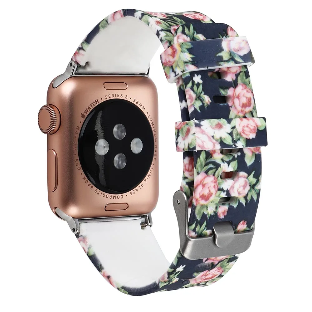 Ремешок силиконовый для Apple watch Series 6 5 4 3 2 1 SE браслет с цветочным принтом iWatch 38 мм 42