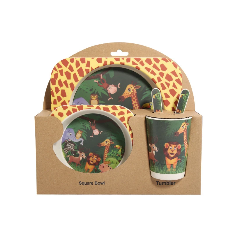 5 шт./компл. тарелка+ бант+ вилка+ чашка с рисунком животных, детская посуда, комплект для кормления из бамбукового волокна, милый детский контейнер, набор посуды - Цвет: Animal world