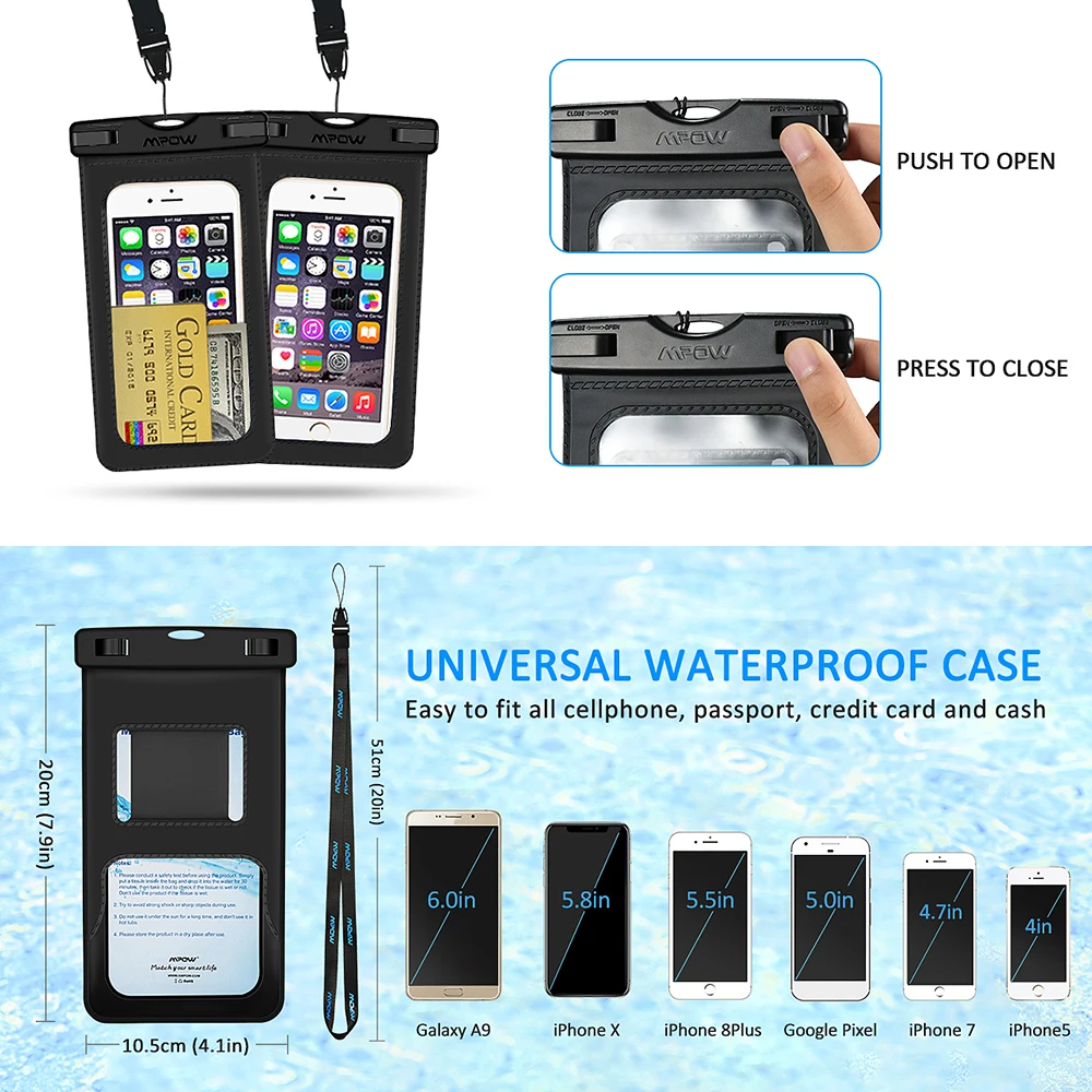 2 Pack Mpow IPX8 Universal Waterproof Case With Arm band Dry Bag For X XS XR XS Max 8 7 6 6S Plus Huawei P20 Lite Galaxy S9 S8 iphone 8 phone cases More Apple Devices