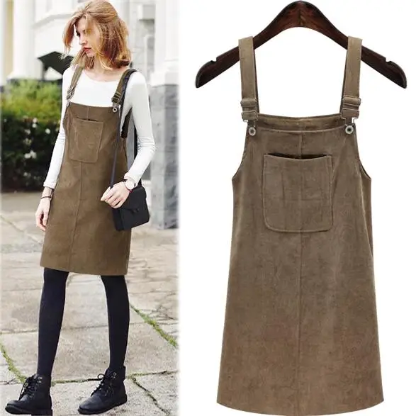

XXXXXL Spring 2019 Dresses Women Bandage Vintage Sundress College Wind Corduroy Loose Strap Dress Female Dresses DV257
