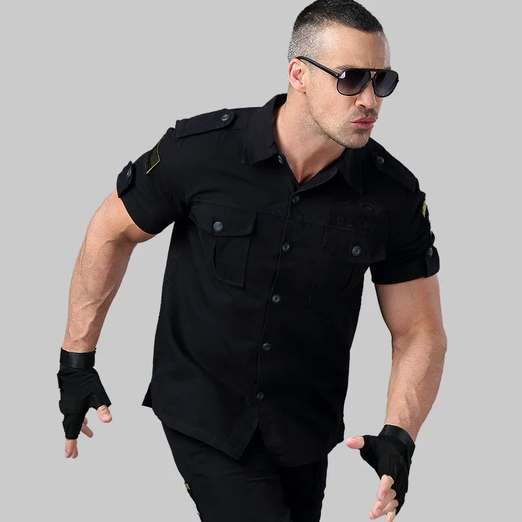 Новинка, летняя хлопковая рубашка с вышивкой и коротким рукавом, Уличная Повседневная одежда, дикая рубашка в стиле милитари для мужчин, одежда - Цвет: Черный