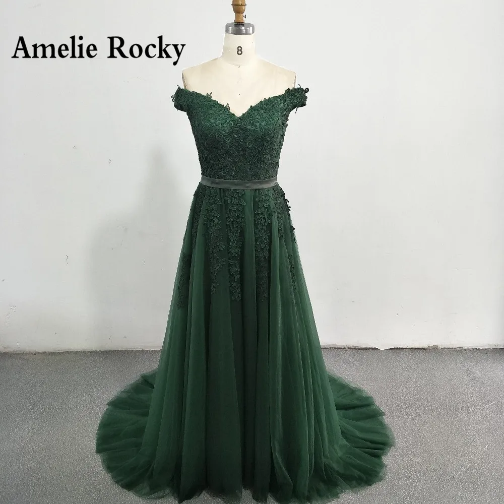 dark green off shoulder gown