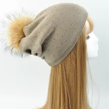 Women Wool Real Fur Pompom Hat Female Winter 2017 Knitted Beanies Raccoon Fur Pom Pom Hat Cashmere Natural Fur Bobble Beanie Hat