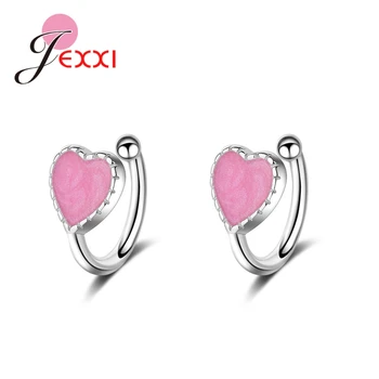 

New Arrival Beautiful Pink Small Heart Real 925 Sterling Silver Clip Earrings for Women Girl Best Birthday Jewelry Gift
