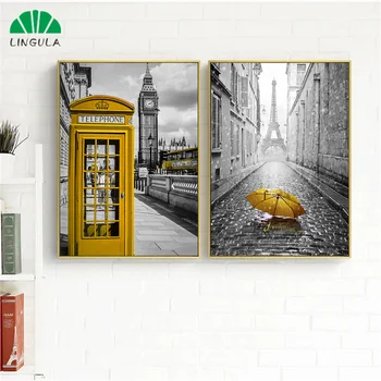 

Vintage Poster Nordic Yellow Car Bus Telephone Pairs London Black and White Walk Street Way Wall Pictures Living Room Decoration