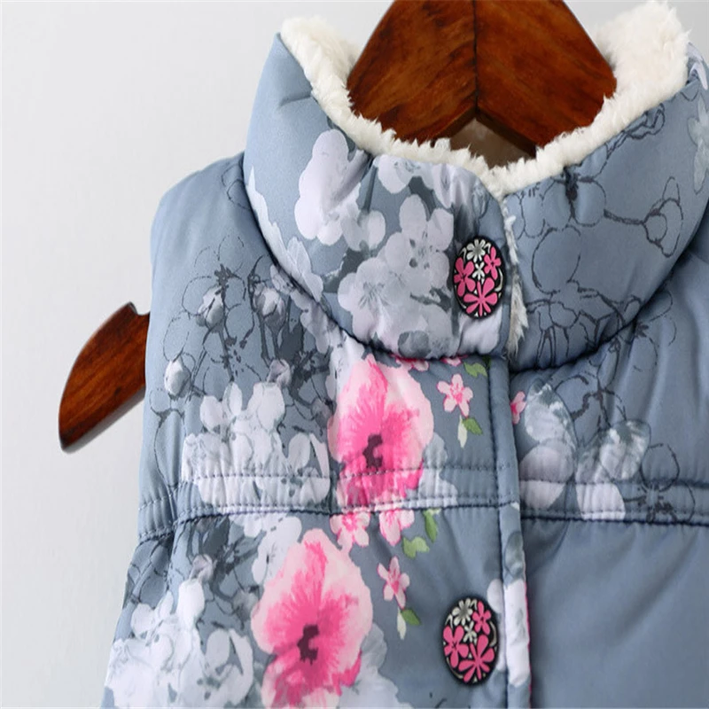 Зимняя куртка для девочек и мальчиков, Folwer цветочного принта для девочек теплый жилет с плюшевой подкладкой парки Детские куртки куртка-штормовка для девочек, одежда для малышей, 19Aug