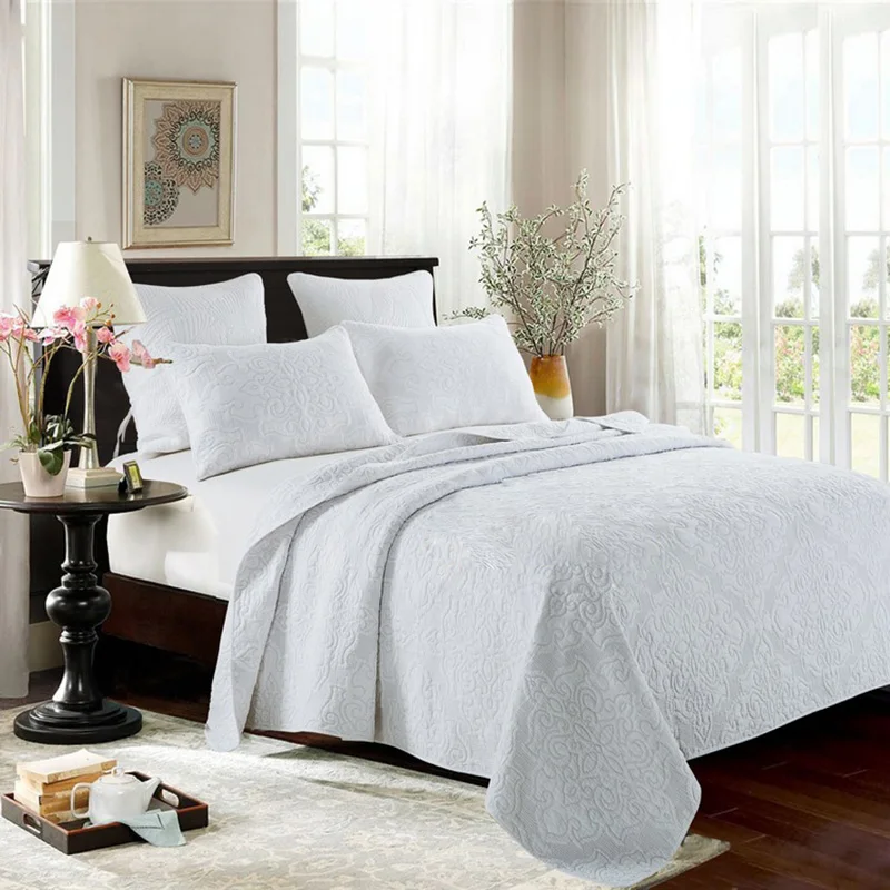 

CHAUSUB White Embroidery Quilt Set 3PCS Washed Cotton Quilts SOFT Quilted Bedspread Bed Cover Coverlet King Size France Bedding