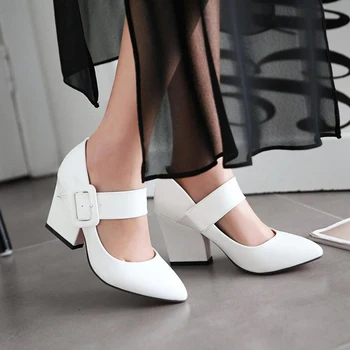

Spring And Autumn Women Shoes Pump Japanned Leather Single Female Sweet White Pointed Toe Fashion High-Heeled Thick Heel Vintage