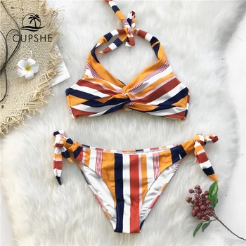 

CUPSHE Navy And Orange Striped Twist Halter Bikini Sets Women Sexy Thong Two Pieces Swimsuits 2020 Girl Beach Bathing Suits