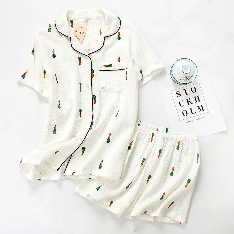Women Pajamas Set Summer Comfort Gauze Cotton Turn-down Collar Sleepwear Set Ladies Thin Loose Cartoon Carrot Printed Homewear women pajamas set women pajama suit cotton pajamas set
