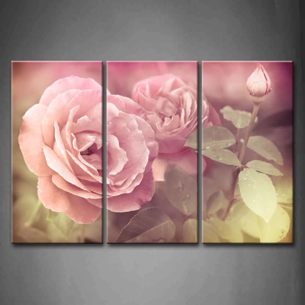 

3 Piece Framed Wall Art Picture Roses Flowers Water Drops Canvas Print Flower Modern Posters With Wooden Frame For Decor
