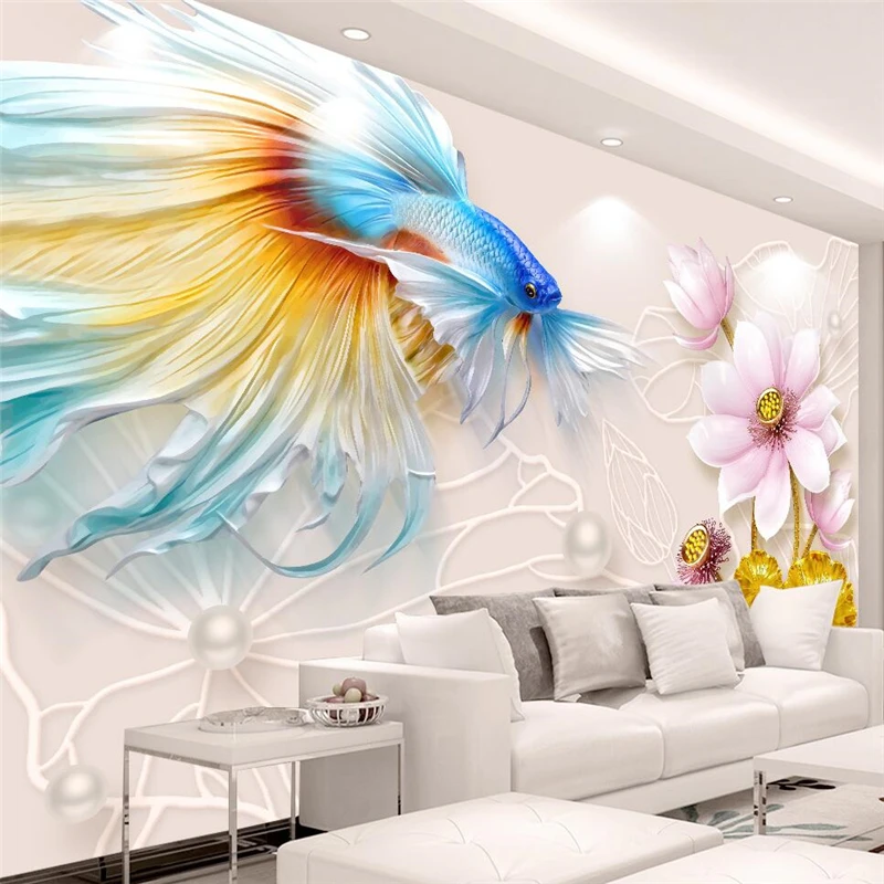 

beibehang Custom wallpaper atmosphere 3d embossed goldfish lotus jewelry living room background wall papel de parede wallpaper