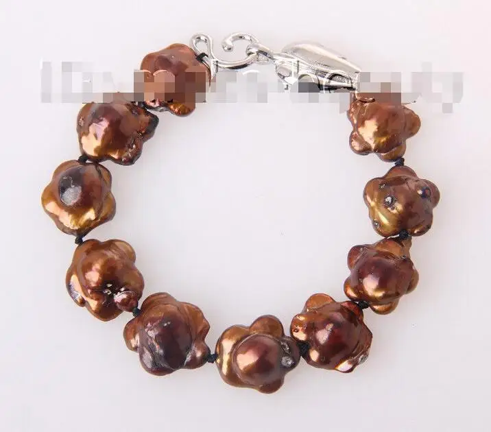 

Free shipping hot sale Women Bridal Wedding Jewelry >>big 17mm baroque coffee flower freshwater cultured pearl bracelet h2037
