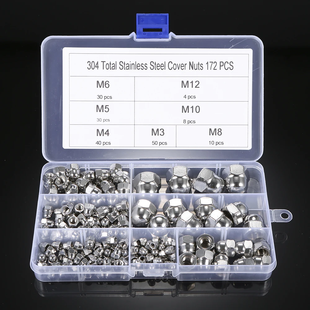 

172Pcs Nuts 304 Stainless Steel Cap Nut Set DIN1587 M-3/M-4/M5/M6/M-8/M-10/M12 Wear-resistant Rust-resistant Nuts