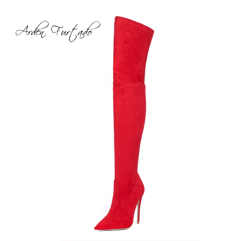 

Arden Furtado Fashion Women's Shoes Pointed Toe Stilettos Heels Sexy Elegant Ladies over the knee burgundy brown red suede Boots