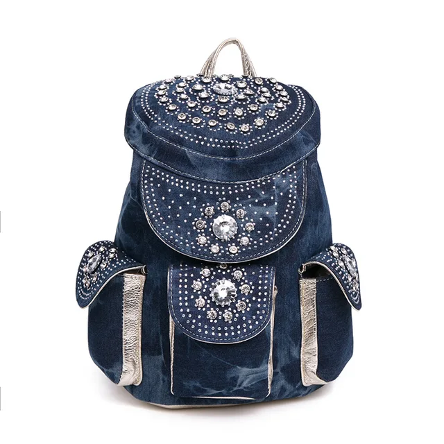 iPinee Fashion New Rhinestone Women Backpack Denim Backpack large