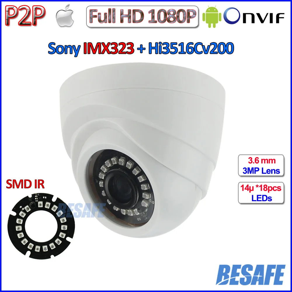 Night Vision 2MP Security Camera with IMX323 Sensor 1080P WDR ip camera, 3.6mm Lens, 18pcs IR LED, IR CUT, ONVIF 2.4, H.264, P2P